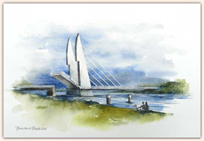 Brug over Zwarte Water, Zwolle, aquarel 25,5 x 37.4 cm, 2006